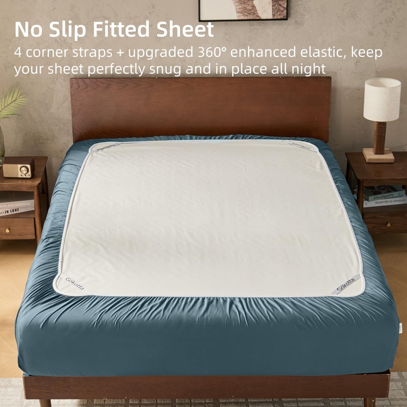 GOKOTTA 4-Pcs Full Sheet Set, 100% Rayon Derived from Bamboo, 15" Deep Pocket Full Size Bed Sheets with Elastic Corner Straps, Cooling Sheets for Hot Sleepers - Silky Soft & Breathable - Blue - Image 5
